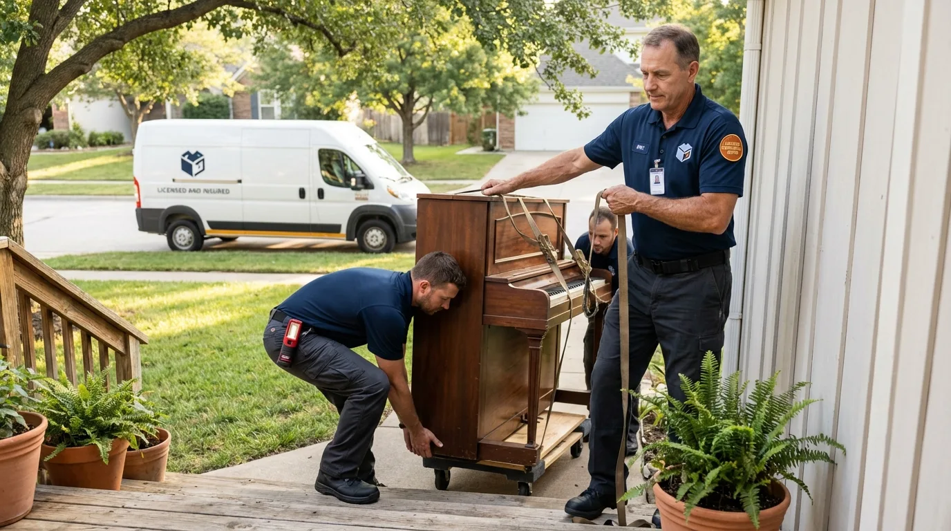 Licensed piano movers securing grand piano in Olmito, TX