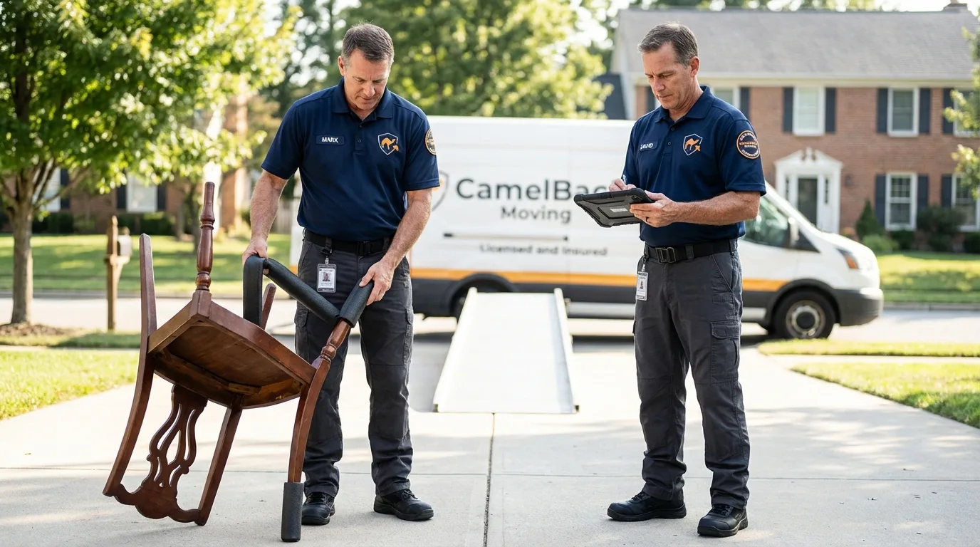 Movers inspecting furniture for damage prevention before loading in Olmito, TX