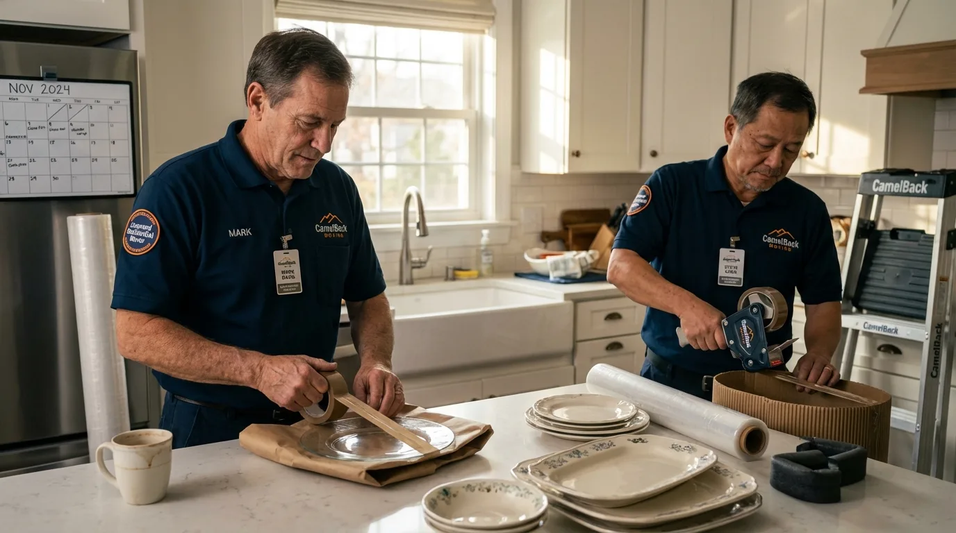 Professional crew packing kitchen dishware in Olmito, TX